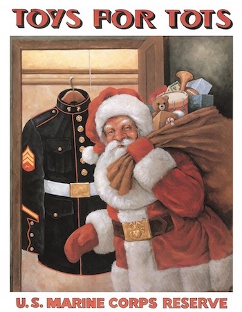 Toys for Tots poster with Santa holding a bag of toys in front of a closet with a U.S. Marine Corps uniform hanging